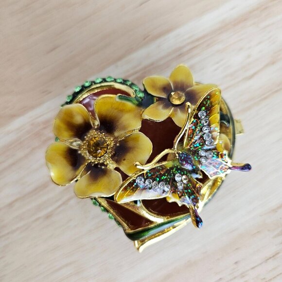 Enamel Heart Butterfly Flower Trinket Box With Rhinestones Hinged Lid Gold - Picture 2 of 8